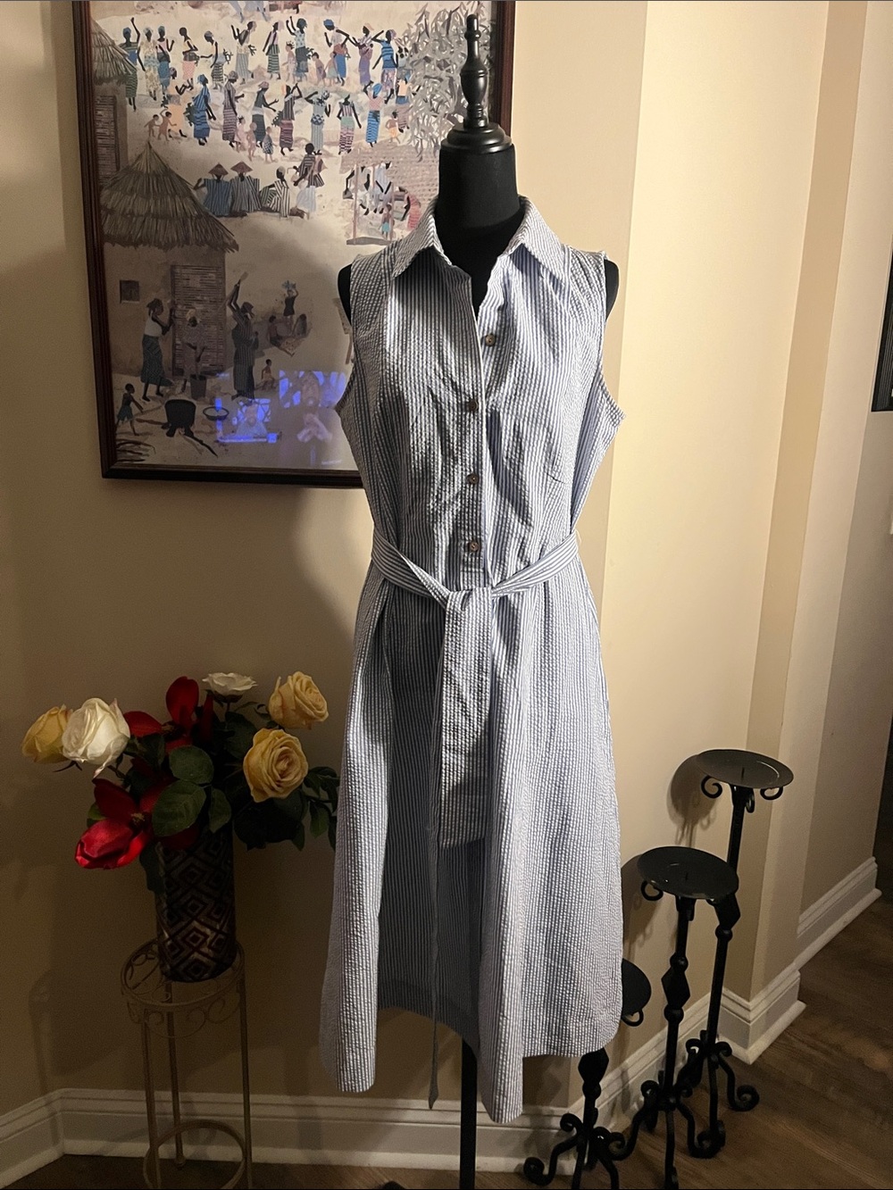 Anne Klein Blue and White Seersucker Striped Sleeveless Midi Shirt Dress
